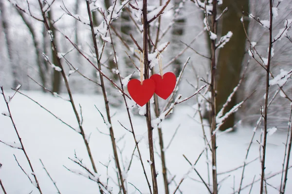 Heart on a snowy background close-up. Red heart against the background of a winter forest. Romantic background with a red heart. Red heart against a background of snow-covered trees. Christmas good. Snow-covered winter park. Comfort in winter.
