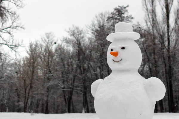 Sculpture of snow. Strange and terrifying snowman. Playing outdoors in winter. Family winter fun in the forest. Smile and nose of a snowman. Winter vacation. Frosty weather. Snow man in the park.