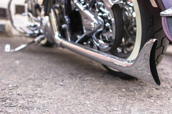 Exhaust Pipe Motorcycle Tuning Chrome Plated Cruiser Chopper Custom Details — Stock Photo, Image