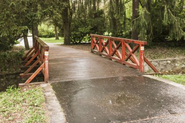Parktaki ahşap köprü deresi. Mimaride perspektif. Turuncu perilamicherez ile nehir boyunca köprü. Boş bir parkta yağmur. Islak asfalt.