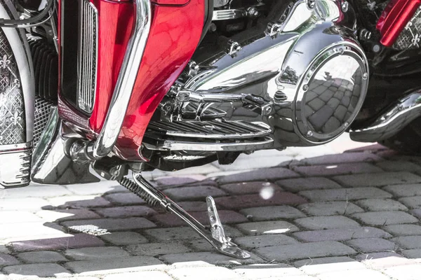 Moto Poderoso Pesado Detalhes Chrome Cruiser Close Antecedentes Motociclista Veículo — Fotografia de Stock