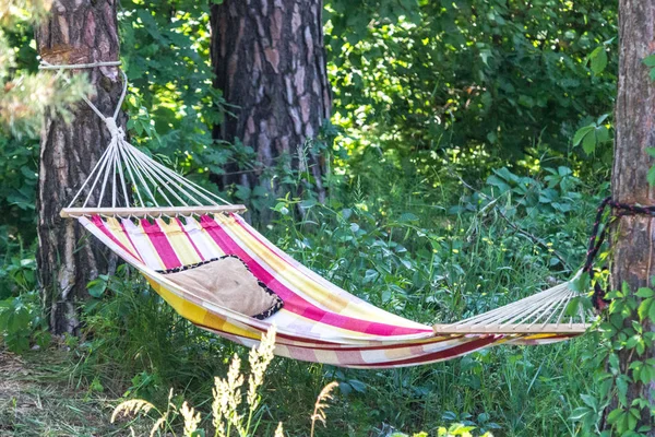 夏のキャンプ 布ハンモック 自然の中で眠る 田舎での休息と生活 グリーンツーリズム 昼間は新鮮な空気の中で眠る 旅行用品 屋外での休暇 — ストック写真