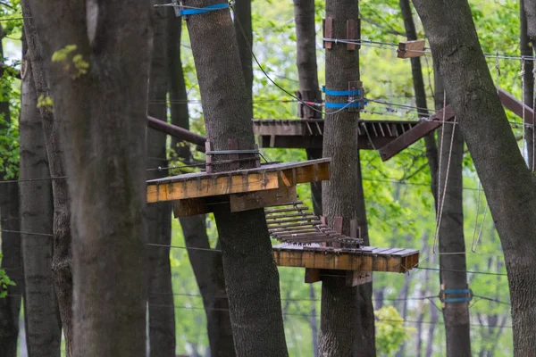 Rope park for team building. Obstacle course at height. Outdoor activities. Leisure in nature. Teamwork for the sake of victory. Corporate spirit. Games for friends. Wheels and boards as obstacles.