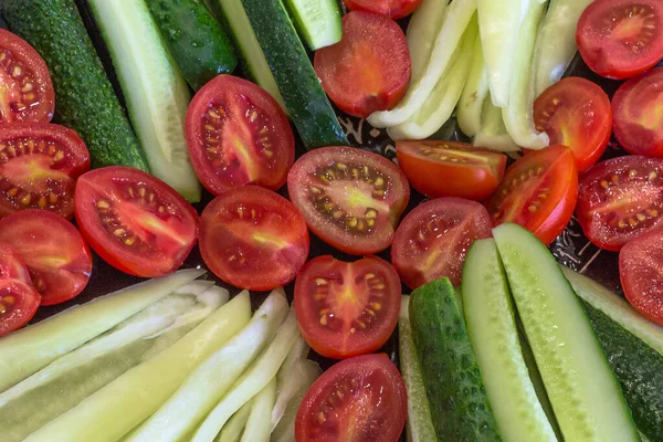 Томатный Коктейль Овощная Тарелка Нарезанные Свежие Овощи Здоровую Пищу Здоровый — стоковое фото