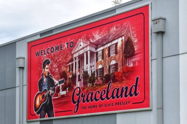 Memphis, TN, USA - September 24, 2019:  Entrance to the Graceland complex featuring sign of Elvis. clipart