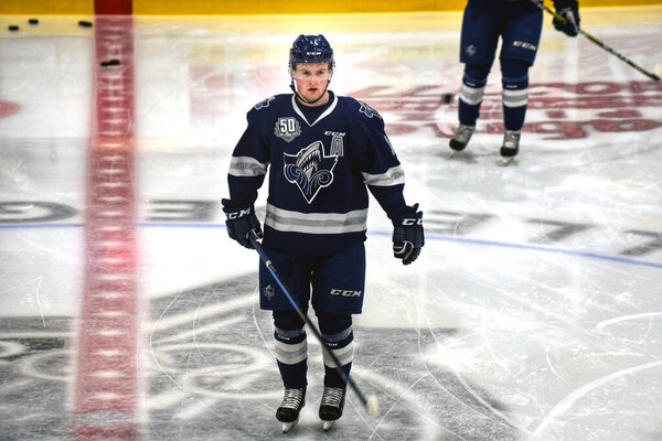 Gatineau, Canada - January 19, 2019:  Alexis Lafreniere of the Rimouski Ocanic warms up before the Quebec Major Jr League game against the Gatineau Olympiques at the Robert Guertin Arena.  He is expected to be the first pick in the 2020 NHL draft.