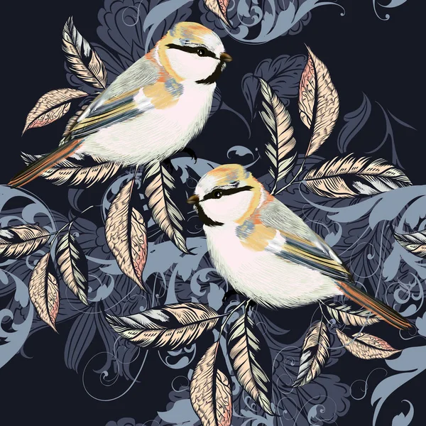 Schönes Muster Mit Ornamenten Und Vögeln Vintage Stil — Stockvektor