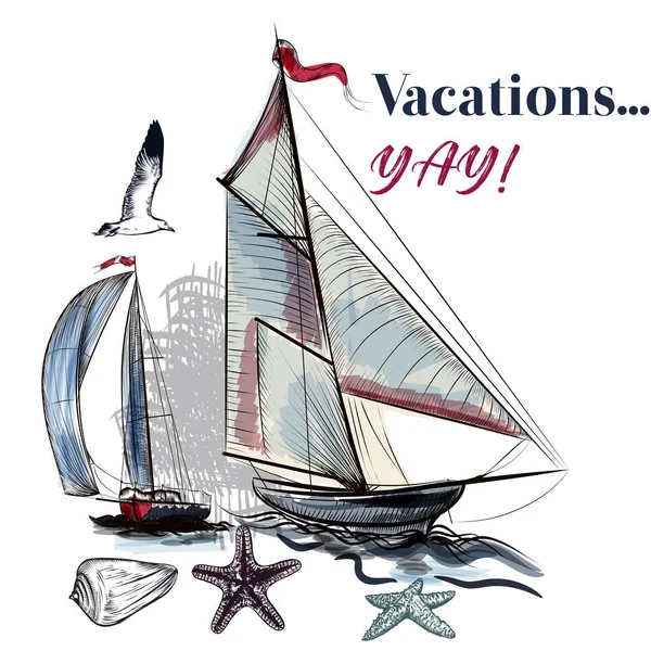Illustration Vacances Mer Avec Bateau Aquarelle — Image vectorielle