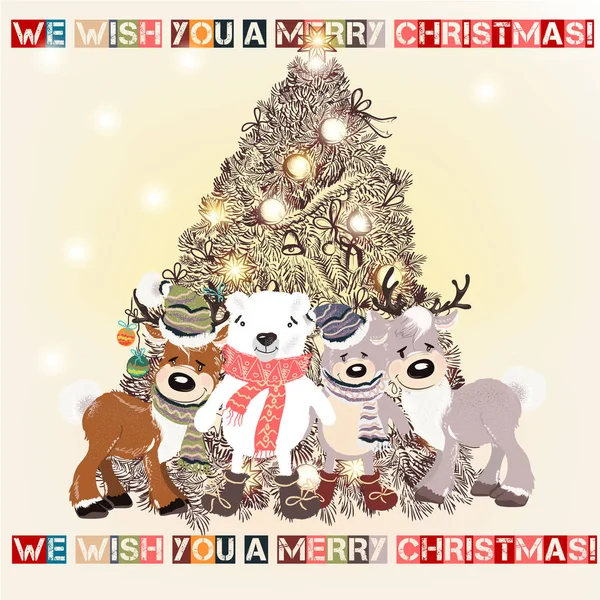 手描きクリスマスまたは新年のグリーティング カードに装飾されたクリスマス ツリー かわいいぬいぐるみ — ストックベクタ