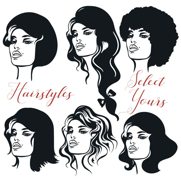 Colección Peinados Femeninos Chicas Caras Con Diferentes Cabellos — Archivo Imágenes Vectoriales