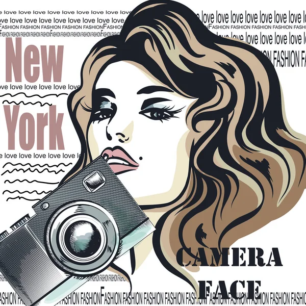 Ilustración Vectores Moda Con Hermosa Mujer Cámara Nueva York Cara — Vector de stock