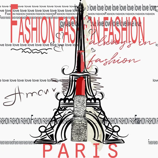 Fashion Vector Eifel Tower Paris Lipstick Words Capital Style — Stock Vector