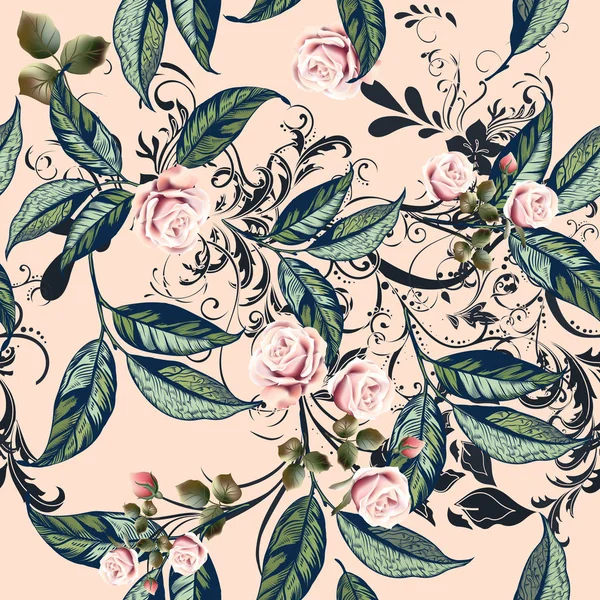 Patrón Floral Con Rosas Flores Naranjas Hojas Suave Melocotón Color — Archivo Imágenes Vectoriales