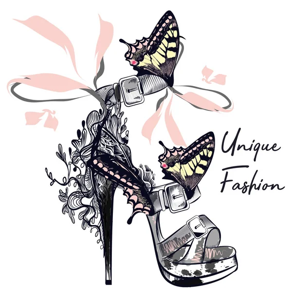 Ilustración Vectores Moda Con Elegante Zapato Femenino Decorado Por Mariposas — Vector de stock