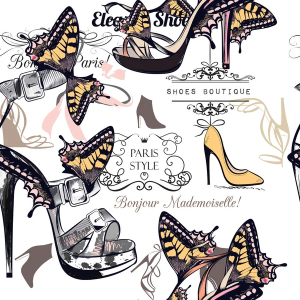 Patrón Vector Moda Con Zapatos Femeninos Elegantes Decorados Por Mariposas — Vector de stock
