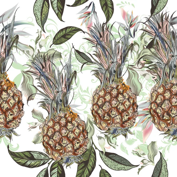 Kwiatowy Wzór Ananasem Kwiaty Liście — Wektor stockowy