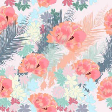 Pembe çiçekler ve palm ile güzel tropikal desen yapraklar