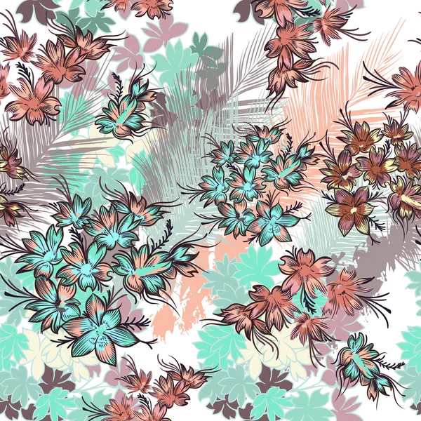 Gyönyörű Trópusi Minta Virágok Pálma Levelek — Stock Vector