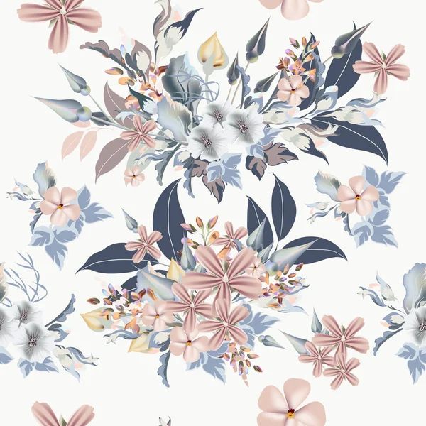 Motif Floral Avec Des Fleurs Bleues Roses Feuilles Plantes Champ — Image vectorielle