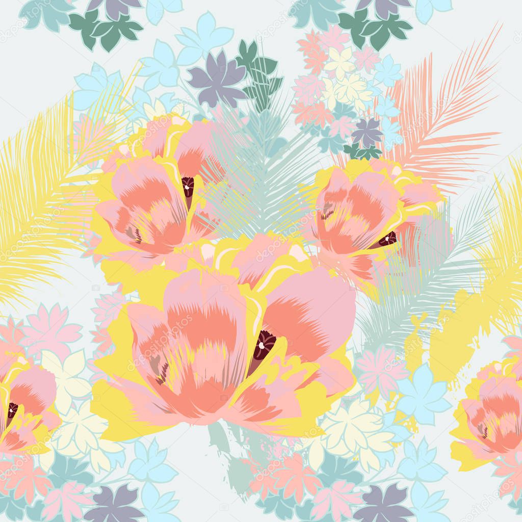 Beautiful exotic tropical pattern with pink flowers and palm leafs