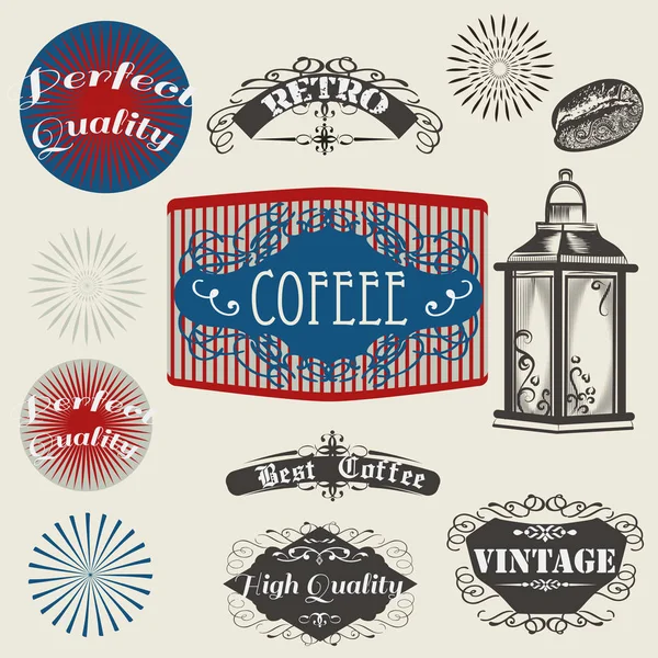 Coffee Vintage Labels Set Retro Style Flourishes Hand Drawn Elements — Stock Vector