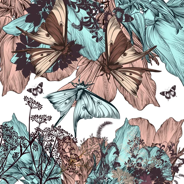 Belle Illustration Vectorielle Champ Été Avec Des Papillons Des Plantes — Image vectorielle