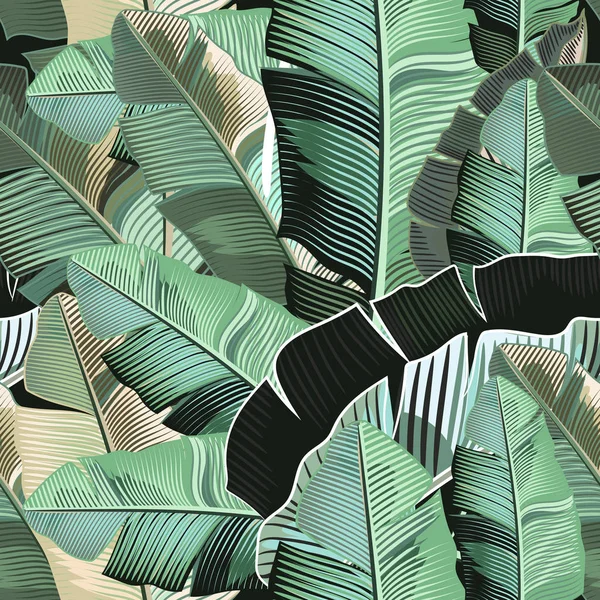 Moda Tropikal Desen Ile Gerçekçi Muz Yeşil Yapraklar — Stok Vektör