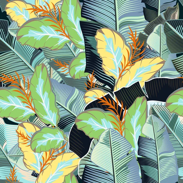 Fashion Tropical Pattern Realistic Banana Leafs Tropical Orange Flowers — Stock Vector