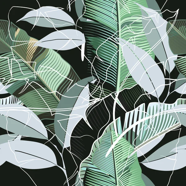 Gerçekçi Muz Ile Moda Tropikal Desen Kumaş Için Ideal Yapraklar — Stok Vektör