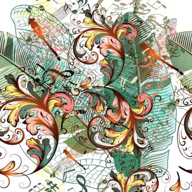 Fashion vector illustration with dragonflies, music notes and plants clipart