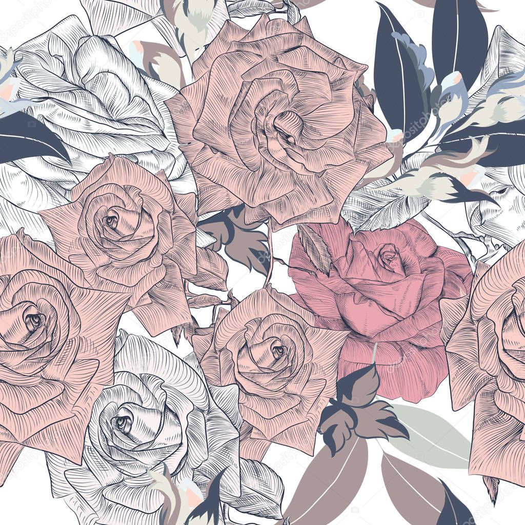 Floral vector pattern with hand drawn roses for design