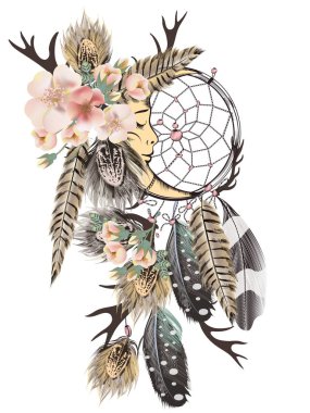Moda vektör bohem dreamcatcher tüyler ve yaban gülü