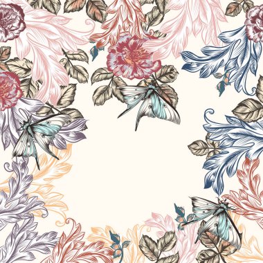 Vintage tarzı çiçek çizimde gül ve kelebekler