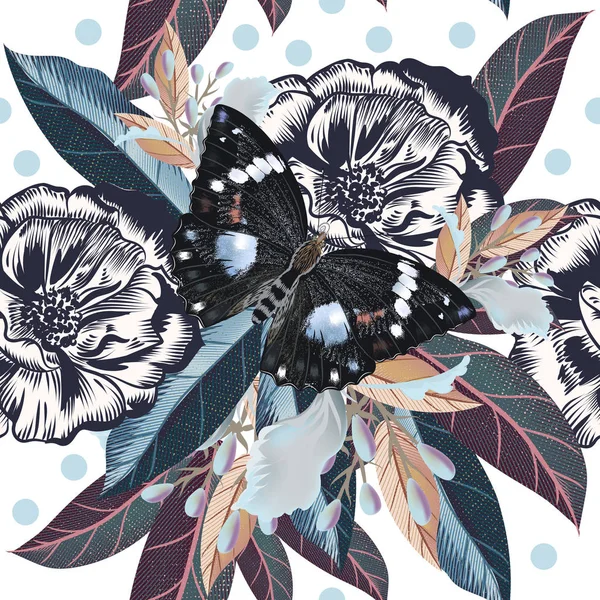 Hermoso Patrón Elegante Con Flores Mariposa — Vector de stock