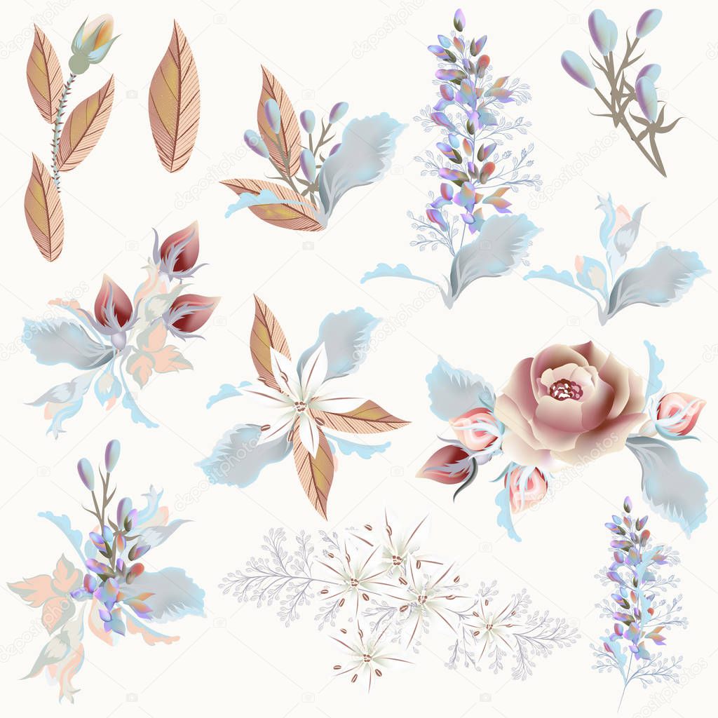 Collection of vector realistic flowers for wedding design