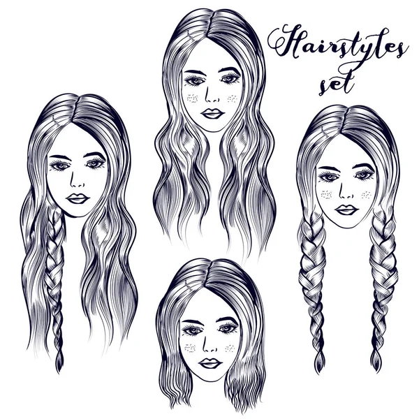 Fashion Illustration Young Woman Different Hairstyles — Stock Vector