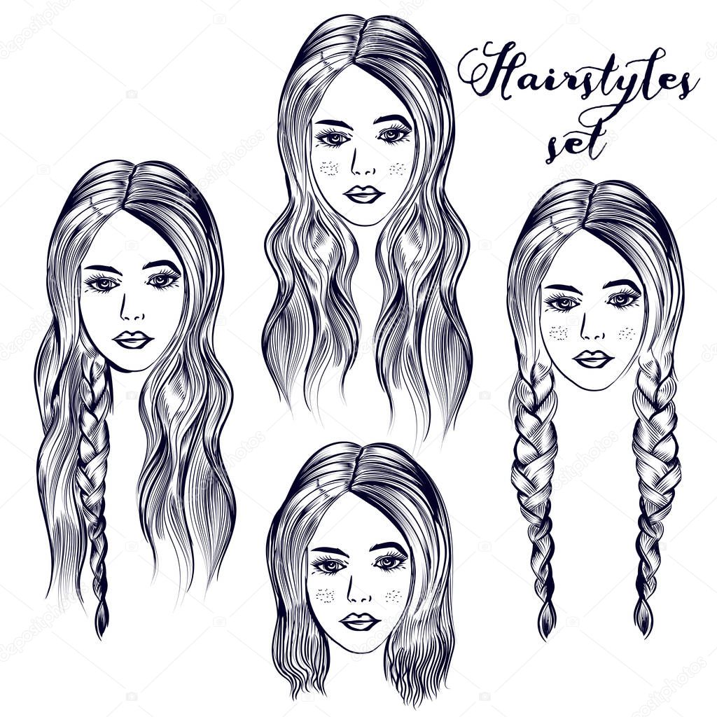 Fashion illustration with young woman, different hairstyles