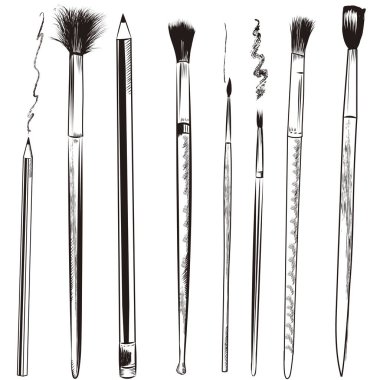 Çizilmiş vektör sanat kalem ve fırça set