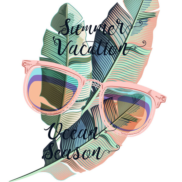 Beautiful summer poster with banana palm leafs and sun glasses, vacations