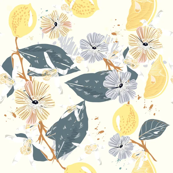 Lemon Branches Pattern Illustration Vintage Style — Stock Vector