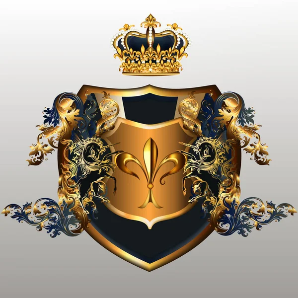 Hermoso Diseño Escudo Lujo Con Unicornios Remolinos Corona — Archivo Imágenes Vectoriales