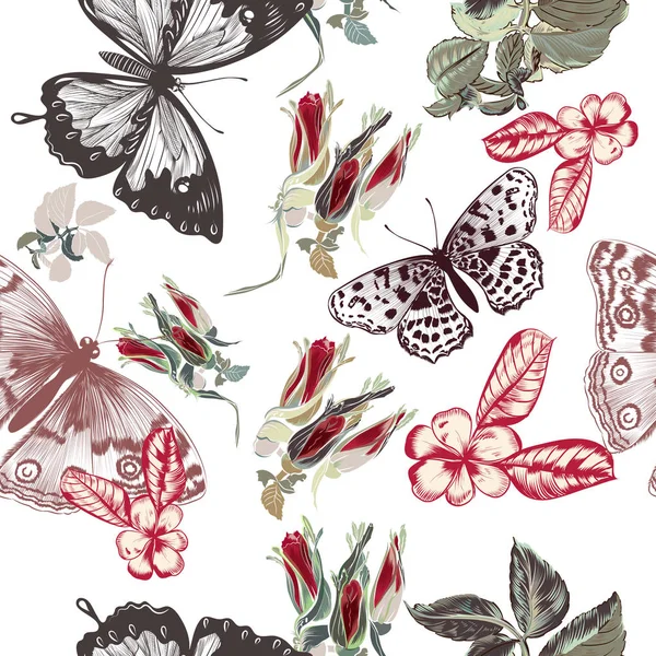 Patrón Vintage Vectorial Con Rosas Mariposas Estilo Retro — Vector de stock