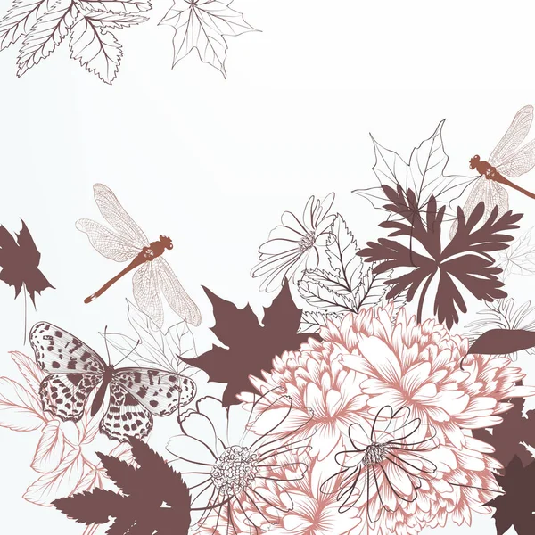 Mooie Vector Achtergrond Met Hand Getrokken Bloemen Dragonfly Vintage Stijl — Stockvector