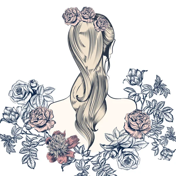 Moda Hermosa Ilustración Vectorial Chica Con Flores Rosas — Vector de stock