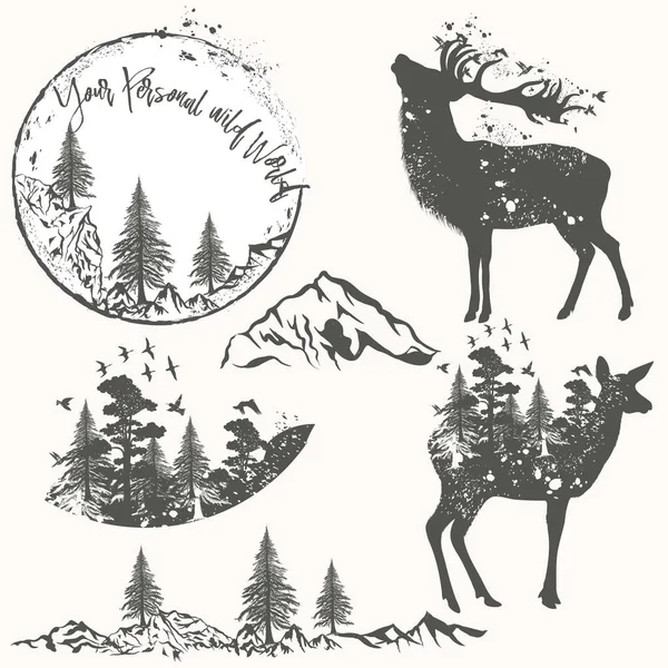 Collection Forestière Animaux Vecteurs Arbres Montagnes — Image vectorielle