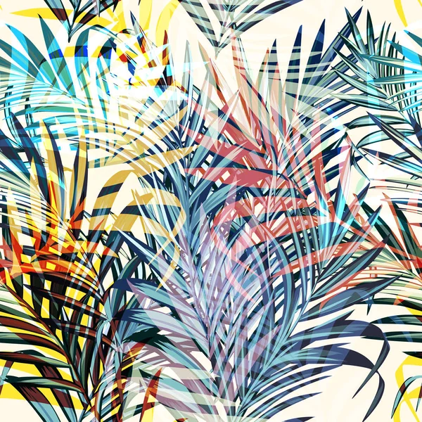 Renkli Vektör Tropikal Palmiye Yaprakları Tatil Tarzı Kumaş Desenleri Için — Stok Vektör