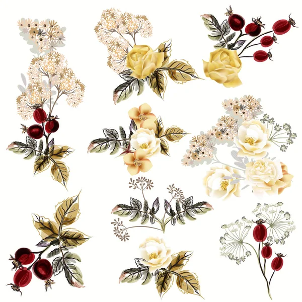 ビンテージ スタイルのベクトル リアルな花の大きなコレクション — ストックベクタ