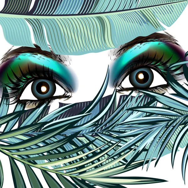 Moda Elegante Vector Verde Ojos Azules Hojas Palma Tropical Mirada — Vector de stock
