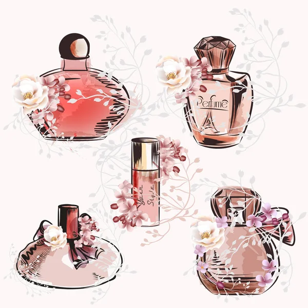 Colección Ilustración Moda Perfume Vectorial Con Flores — Vector de stock