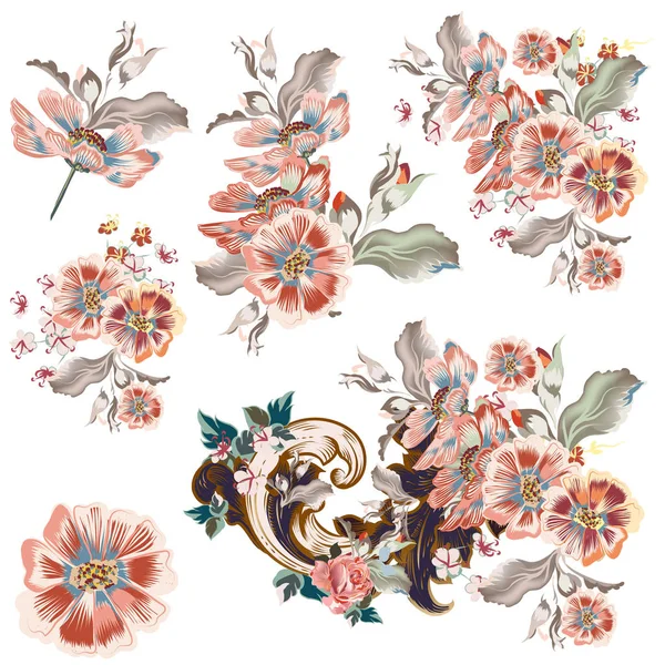Collection Vector Watercolor Cosmos Flowers Vintage Style — Stock Vector